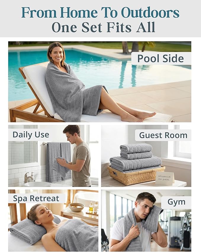 Casa Platino Premium Cotton Bath Towel Set 8 Pcs - Super Soft, Durable & Highly Absorbent - 2 Bath, 4 Washcloths, 2 Hand Towels for Bathroom - Oeko TEX Certified, Ringspun Tech & Hotel Quality - Grey