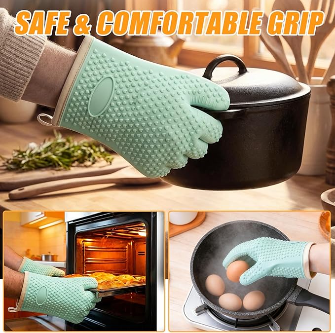 2Pack Heat Resistant Oven Mitts for Grilling and Baking, Non-Slip Silicone Gloves, Waterproof Kitchen Mitts with Flexible Fit & Easy to Clean Design, White
