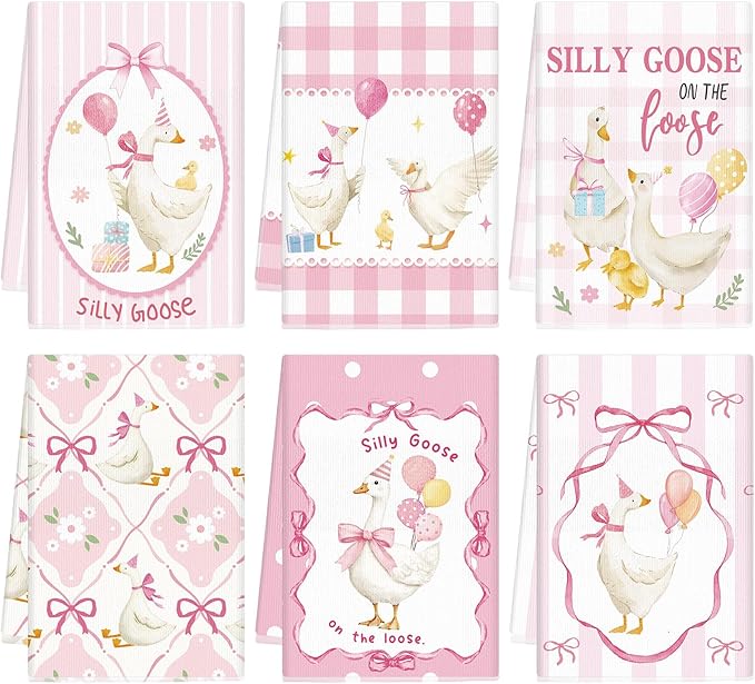 Breling Set of 6 Silly Goose Kitchen Towels Funny Goose Dish Towel Decor Pink Bow Decorative Hand Cloths for Kitchen Bathroom Home Decoration Cooking Housewarming Gifts, 14 x 21 Inch