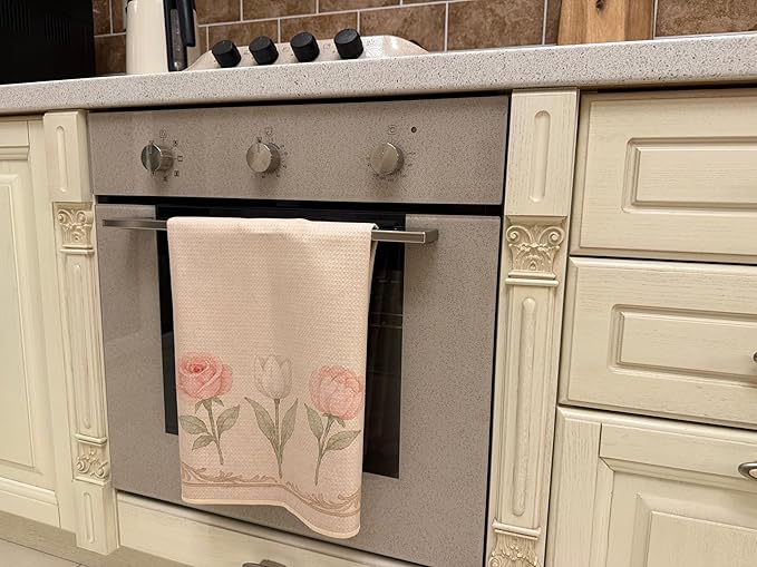 Easter Gift Kitchen Microfiber Waffle Tea Towels Set of 2 Absorbent & Fast Drying Dish Cloths for Cleaning,Vintage Floral Herbs Boho,Decorative Hand Towels for Bathroom, 20x28" (VintageTulip Roses)