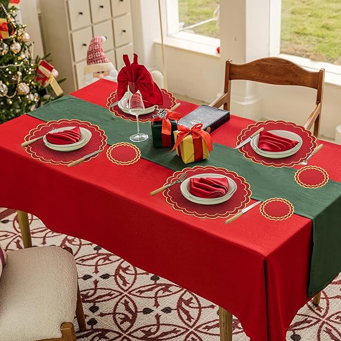 Set of 8 Christmas Round Cotton Linen Placemats with Coaster, 15" Red Scalloped Embroidery Placemats Double Layered Heat Resistant Washable Table Mat for Xmas Winter Party Kitchen Dining Table
