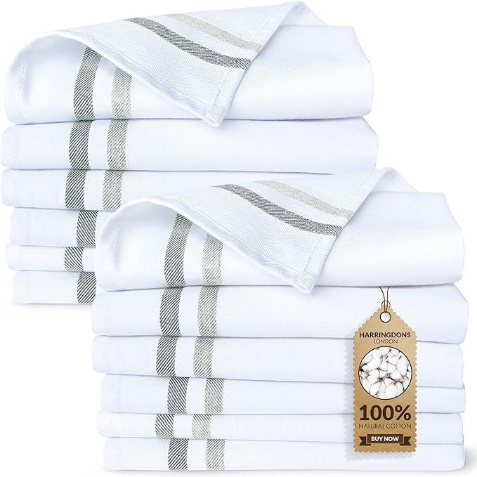 Harringdons 100% Cotton Kitchen Towels, Highly Absorbent Dish Towels for Kitchen with Hanging Loop, Large 20"x28" Washable Towels, Gray Shades,12 Pack