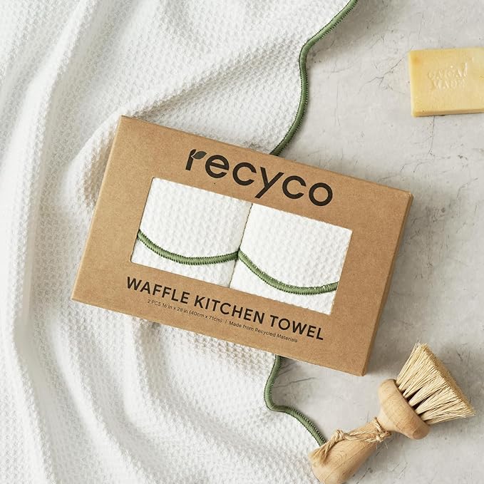 RECYCO Waffle Kitchen Towel Set of 2 - Quick Dry Microfiber Sustainable Dish Towels - Ultra Absorbent Reusable Cleaning Tea Towels - Lightweight Hand Towels,16”x 28”, Lorden Green