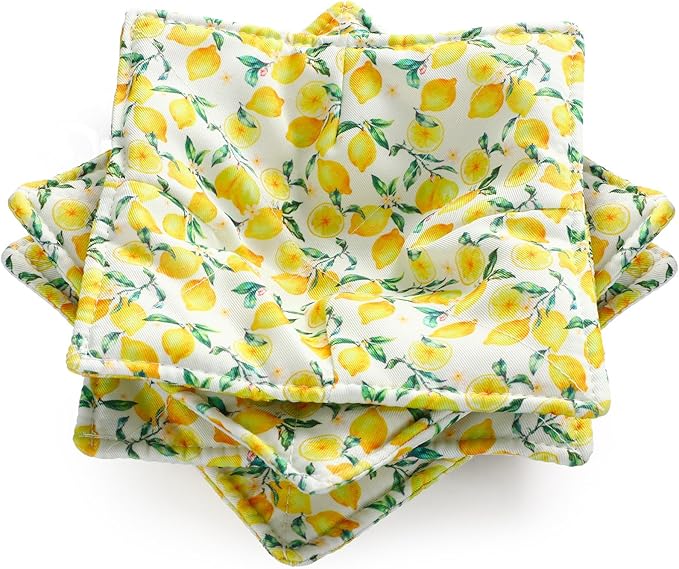 Cunhill 4 Pcs Cotton Microwave Bowl Cozy Holders for Hot Food Hot Pads Soup Bowl Potholders Heat Resistant Multipurpose Quilted Safe Holders for Kitchen Plate Supply(Yellow,Cute Lemon Style)