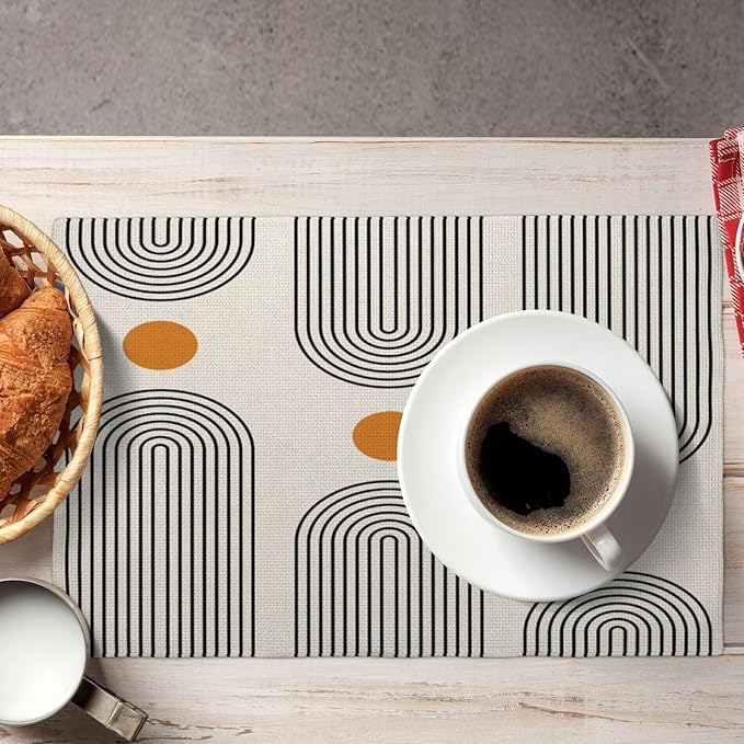 Boho Mid Century Placemats 12x18 Inch Set of 6, Abstract Simple Sun Arch Pattern Table Place Mat Boho Modern Yellow Spot Washable Table Mats Decorative Linen Fabric Table Mat for Dining Table