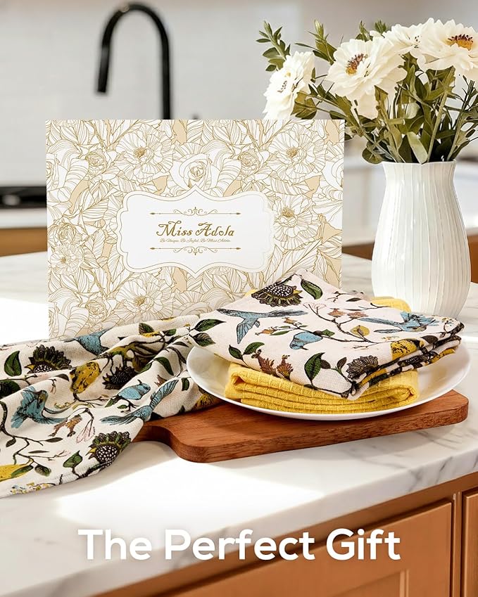 Miss Adola 3pcs Cotton Kitchen Towels - 270 GSM 15x25 Inch Terry Cloths Reusable Dish Cloths for Cleaning Absorbent Soft Hand Tea Towels with Hanging Loop for Housewarming Home Decor, Lemon Bird