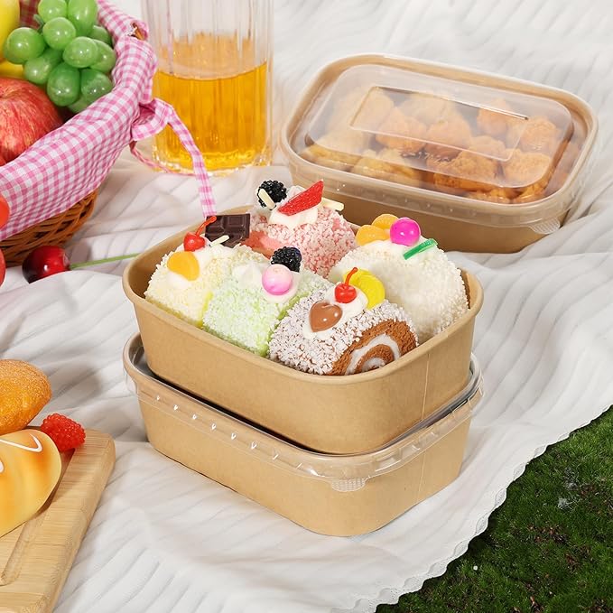 50 Pack 17oz Disposable Kraft Paper Bowls with Lids, Rectangle Meal Prep Containers Bulk, Large Paper Salad Bowl, Leakproof Food Containers Treat Soup Serving Bowls, Microwave Safe for Hot/Cold Food