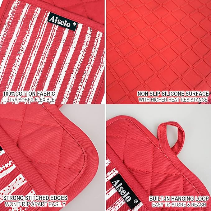 Alselo Silicone Pot Holders Set of 3 Heat Resistant & Non Slip Potholders, Professional Oven Hot Pads with Pockets Mitts for Kitchen Cooking Baking Barbecue (3, Red)