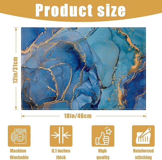 Blue Gold Marble Placemats Set of 6, Linen Place Mat Washable Stain Resistant Table Mats for Farmhouse Kitchen Dining Party Wedding Decor 12x18 Inch