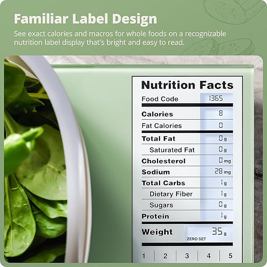 Greater Goods Digital Nutrition Scale – Accurate Macro and Calorie Tracking for Meal Prep, Weight Loss, and Healthy Eating | 2,000 Built-in Foods, Intuitive Nutrition Label Display, 11lb Cap, Green
