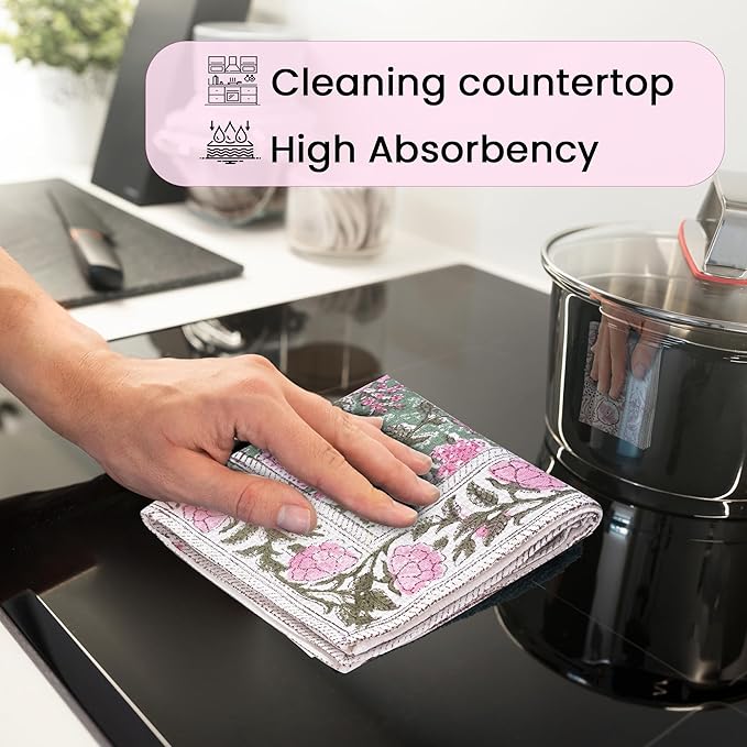 CPC Pink Tourmaline Hand Block Print Waffle Kitchen Towel Set of 3-16 x 28 Inch Ultra Absorbent Quick Dry Cotton Lightweight Reusable Sustainable Tea Towels for Cleaning and Drying Gift for Christmas