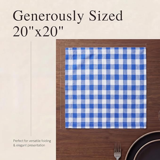 Urban Villa Cloth Napkins 100% Cotton Dinner Napkins Highly Absorbent 20x20 Inches (Set of 12) Blue White Buffalo Checks Reusable Washable Soft Durable Premium Napkins Ideal for Home Wedding Parties