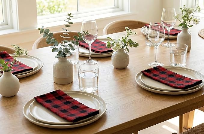 PurpleEssences Buffalo Plaid Cloth Napkins - Mitered Corners - Spring Easter Summer - Gingham Check Dinner Napkin - Set of 12-100% Cotton - 18x18 Inch - Reusable Washable - Red and Black