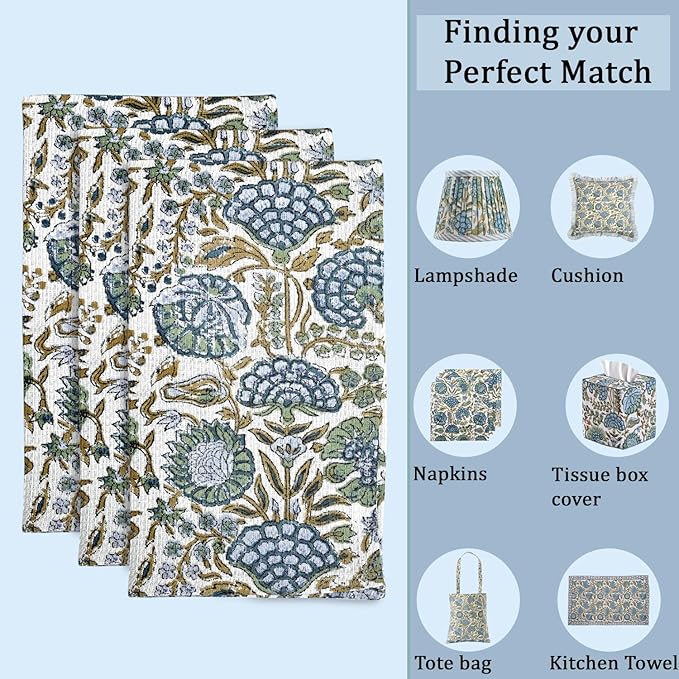 Ridhi Asparagus Green Hand Block Print Cotton Waffle Dish Cloth Set of 6-12x12 Inch Super Absorbent, Soft, Reusable Kitchen Towels for Dish Drying Cleaning, Ideal for Spring, Easter, Valentine