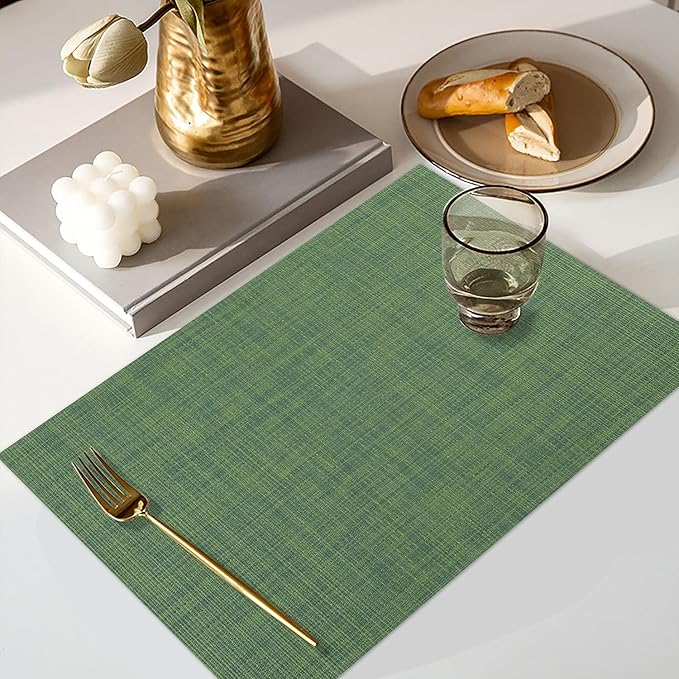 Vinyl Placemats Set of 6, PVC Woven Washable Non-Slip Table Mats, Heat Resistant Wrinkle Free Place Mats for Dining Table, Easy to Clean (6, Green)