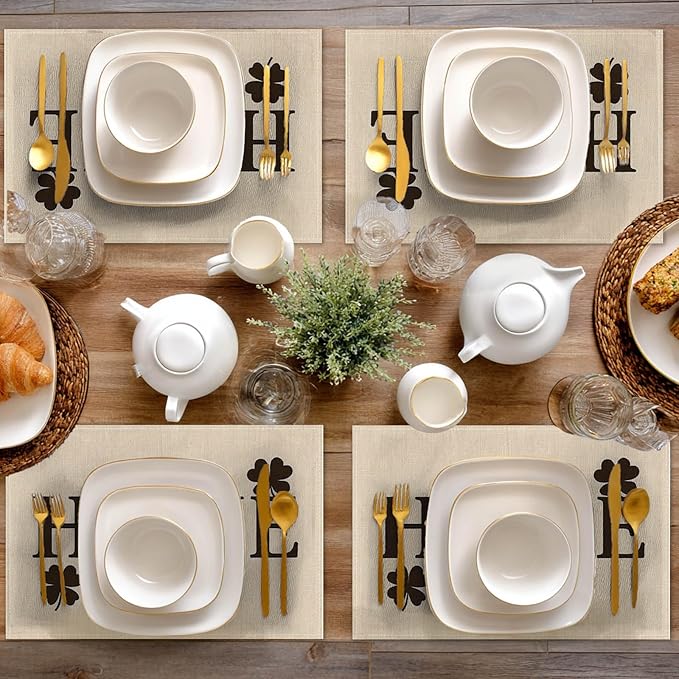 HOMETITUTE Home Placemats Set of 4 Linen 12x18 Inch Washable Table Mats with Buffalo Plaid Heart and Clover Design Decorative Table Placemats Set of 4 for Farmhouse Kitchen Dining Everyday Decor