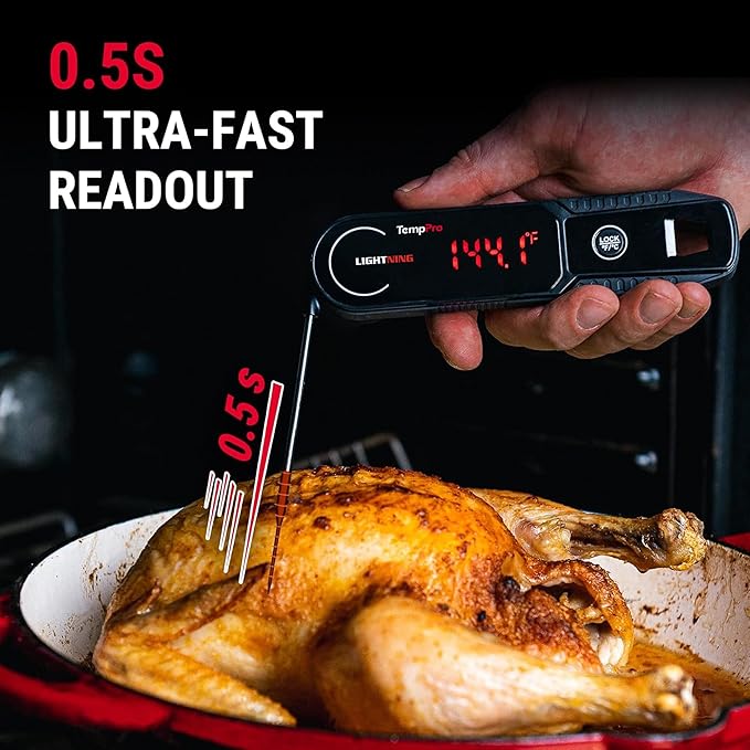 TempPro Lightning 0.5 Sec Instant Read Meat Thermometer, Kitchen Food Thermometer with 180° Rotating Display, IP67 Waterproof Cooking Thermometer for Deep Fry Smoker BBQ Grill (Previously ThermoPro)