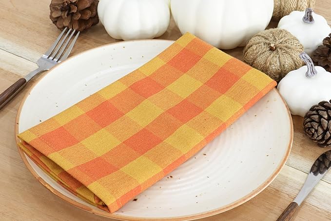 PurpleEssences Buffalo Plaid Cloth Napkins - Mitered Corners - Spring Easter Summer - Gingham Check Dinner Napkin - Set of 12-100% Cotton - 18x18 Inch - Reusable Washable - Orange and Golden Yellow