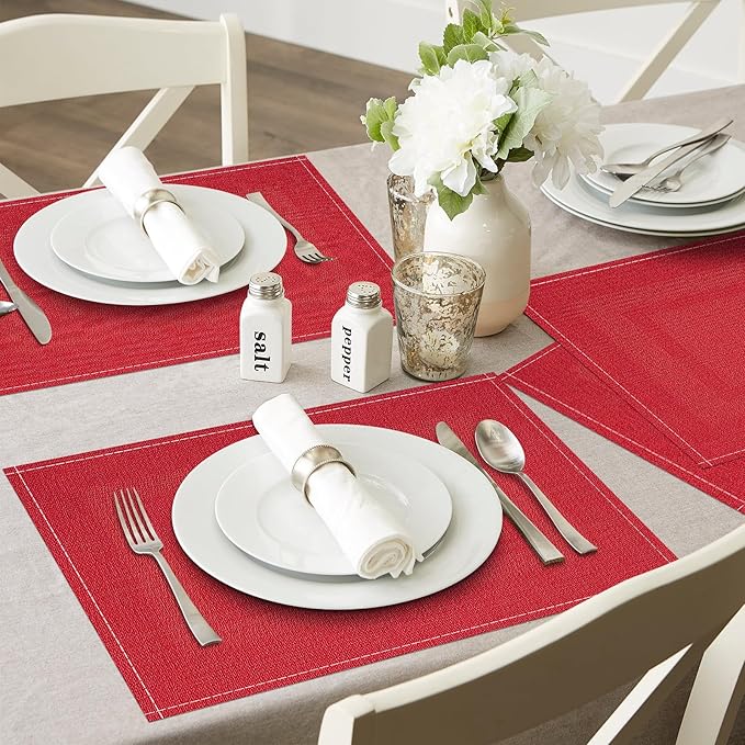 Niviy Christmas Placemats Set of 4, 12x18 Inch Rectangular Placemats for Kitchen Table, Red Placemats for Holiday Party Kitchen Dining Room Decoration