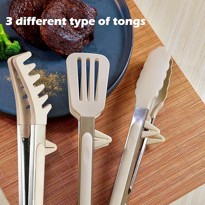 Kitchen Tongs, 9 Inch Tongs for Cooking with Silicone Tips, Food Grade Small Silicone Tongs, Mini Serving Tongs for Nonstick Pans, BBQ, Salad, Set of 3, White