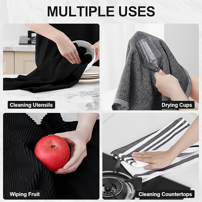 Homaxy Premium Kitchen Towels(18”x 28”, 3 Pack), Large Cotton 380 GSM Kitchen Hand Towels, Soft and Absorbent Terry Dish Towels, Multipurpose Tea Towel Set with Hanging Loop, Black