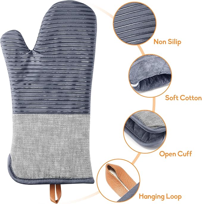 TIPTAP Kitchen Oven Mitts 4pcs Set- Non-Slip Cotton Oven Mitt & Pot Holders – Heat Resistant, Durable & Machine-Washable -One Long Mit, Two Mini Oven Mitts & One Pot Holder (Gray)