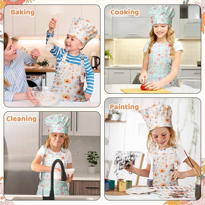 GROBRO7 4Pcs Kids Apron and Chef Hat Set Gift for Girls, Floral Print Adjustable Kitchen Cooking Child Aprons with 2 Pockets Waterproof Smocks for Baking Painting Crafting
