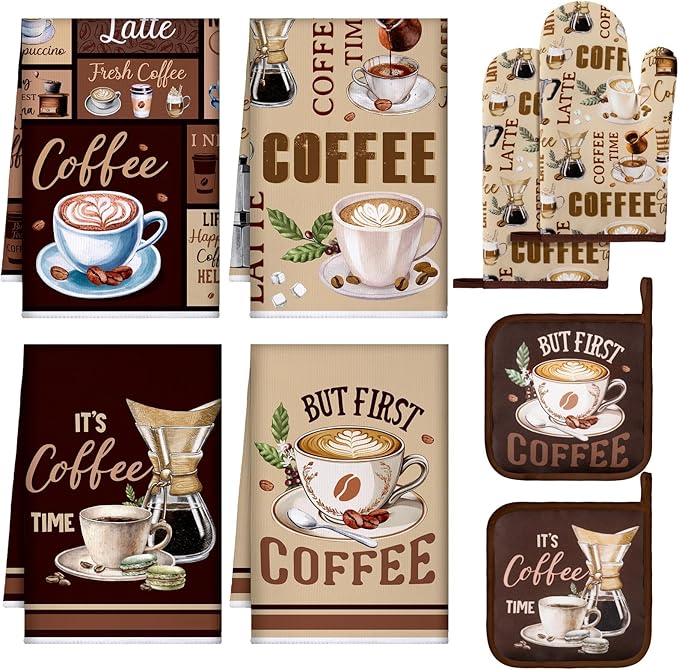 Fourluoo 8 Pcs Coffee Kitchen Towels and Dishcloths Sets Oven Mitts and Pot Holders Sets Absorbent Kitchen Gloves Potholders Heat Resistant for Chef Baking Cooking