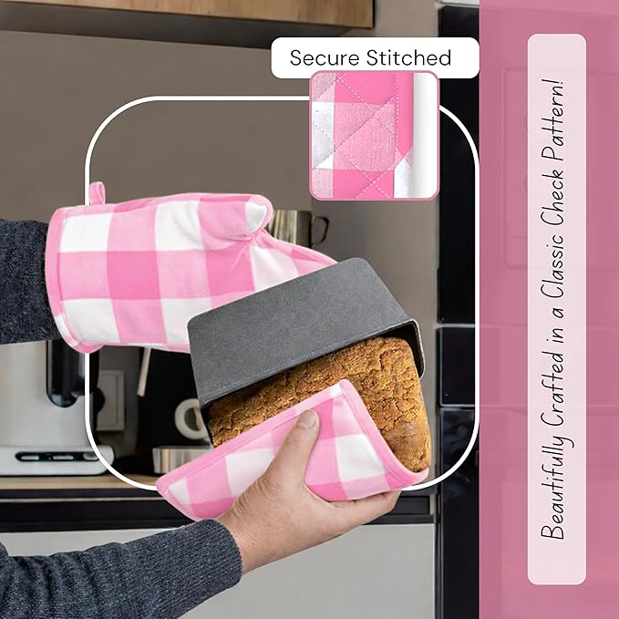 Native Fab Buffalo Plaid Check Oven Mitts and Pot Holders Set of 4, 100% Cotton Heat Resistant Kitchen Gloves, 2 Oven Mitts (7x13), 2 Pot Holders (8x8) for Cooking & Baking, Pink White