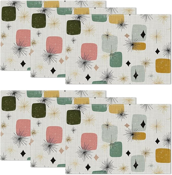Mid Century Placemats Set of 6,12 x 18 Inch Table Mats Washable Heat Resistant Linen Fabric Rectangle Place Mat for Party Home Kitchen Dining