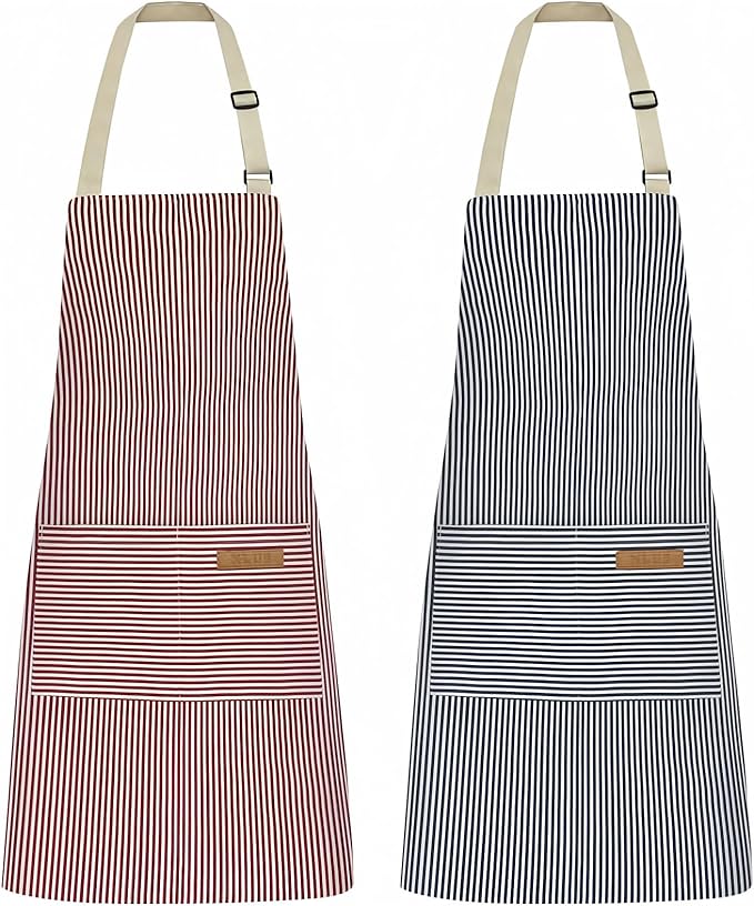 NLUS 2 Pack Kitchen Cooking Aprons, Adjustable Bib Soft Chef Apron with 2 Pockets for Men Women (Blue Pinstripes/Pink Pinstripes)