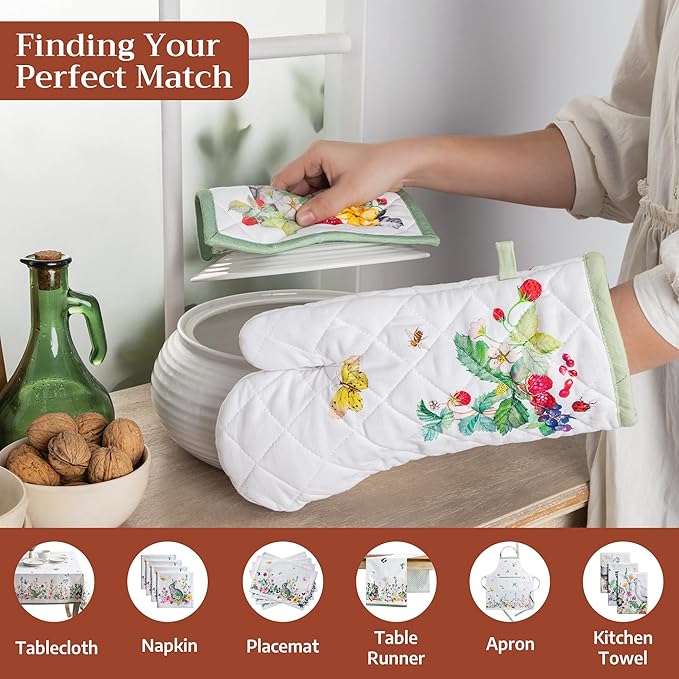 Maison d'Hermine Oven Gloves 100% Cotton Oven Mitt 7" x 13" with Loop Heat Resistant BBQ Cooking Gloves Baking Grilling Gifts for Mothers Day Spring/Summer (Pack of 1, Printemps)