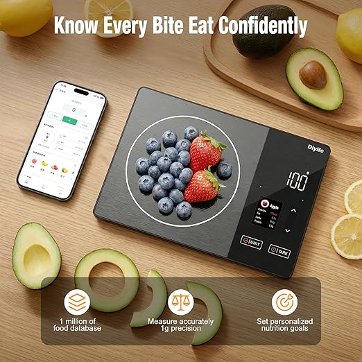 Smart Nutrition Food Scale with TFT Display, Diyife Kitchen Scale with Nutritional Calculator, Calorie, Fat, Carb, Protein Tracking, 50 Food Preload, Support for App Customization, Battery-Powered