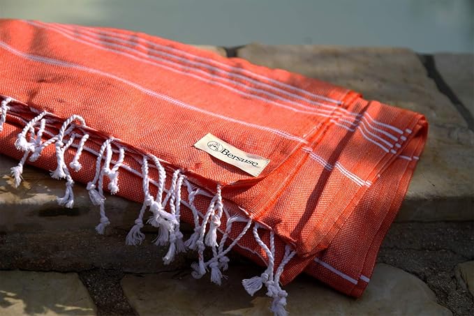 Bersuse Towels Anatolia XL Beach Blanket Throw Blanket Turkish Towel 100% Cotton Extra-Large Quick-Dry Lightweight Premium Peshtemal Towel - 61x82 Inches, Dark Orange