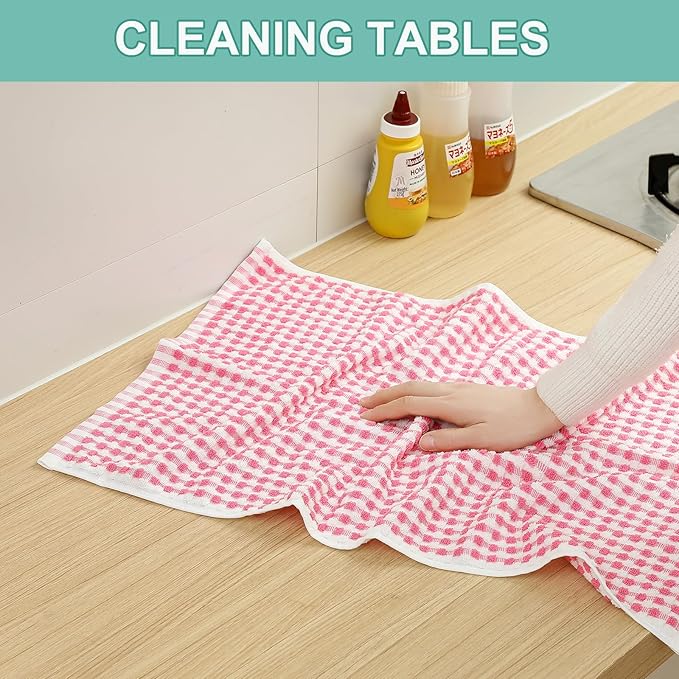SALAS Cotton Dish Towels Cloths for Kitchen Drying Dishes, Lattice Terry Towels, Highly Absorbent Kitchen Cloths with Hanging Loop, 16‘’ x 26‘’, 4 Packs, Pink