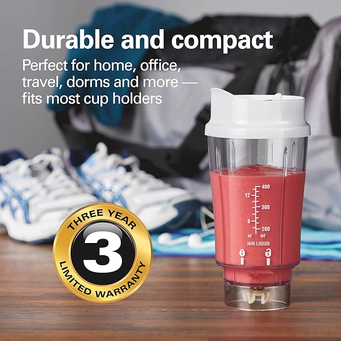 Hamilton Beach Portable Blender for Shakes and Smoothies,14 Oz BPA Free Travel Cup & Lid,Durable Stainless Steel Blades,Personal Smoothie Blender,2 Jars - White (51102V),(Pack of 2)