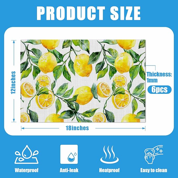 Vintage Lemon Placemats Set of 6, Washable Linen Place Mat Heat Resistant Non Slip Kitchen Dining Table Mats 12x18 Inch