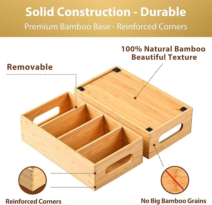 Umilife Bamboo Pantry Organizers and Storage Bins with Removable Dividers, Kitchen Drawer Cabinet Countertop Organization for Snack, Spice Packets, Teabags, Seasoning Pouches (2 Pack)