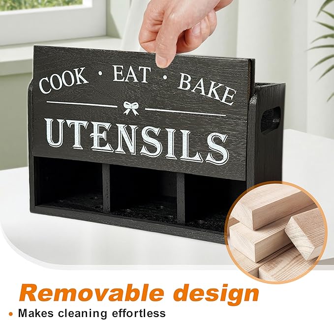 Wooden Kitchen Utensil Holder with 3 Compartments, Utensil Storage Organizer for Kitchen Counter, Farmhouse Decor & Rustic Cooking Tools Storage(Black)