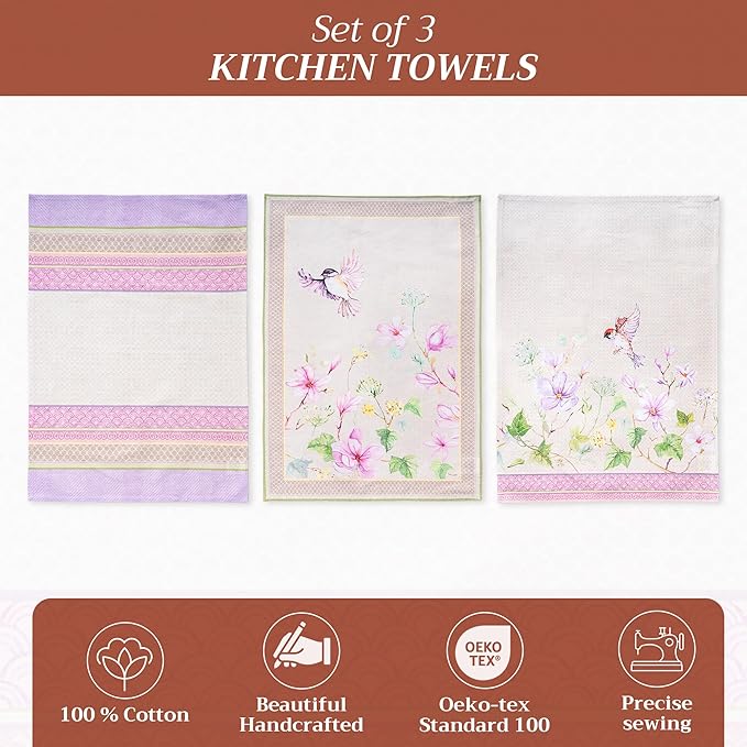 Maison d' Hermine Kitchen Towels Set of 3 100% Cotton 27.50" x 20" Reusable Cloth Tea Dish Towels Absorbent with Hanging Loop for Kitchen Gifts for Mothers Day Spring/Summer (Magnolia Mornings)