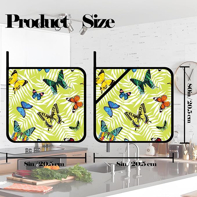 Butterfly and Leaves Pot Holders Set of 2,Kitchen Heat Resistant Potholders for Microwave Cooking Baking Oven and BBQ Gifts for Women