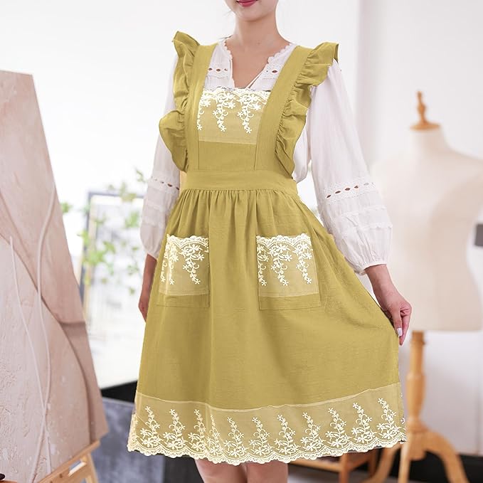 Aoomzoon Vintage Aprons for Women with Pockets Cute Lace Ruffle Adjustable Apron for Cooking Kitchen Baking Gardening