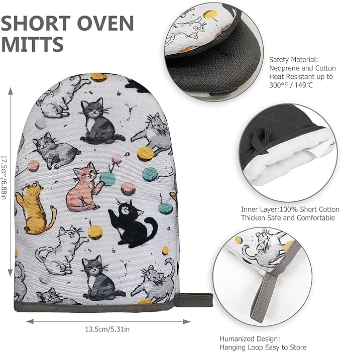 Cute Cat Oven Mitts, High Heat Resistant Kitchen Oven Gloves, Mini Silicone Oven Mitts, Non-Slip Grip Surfaces and Hanging Loop for Grilling, Baking, Cooking and Microwave, Gift