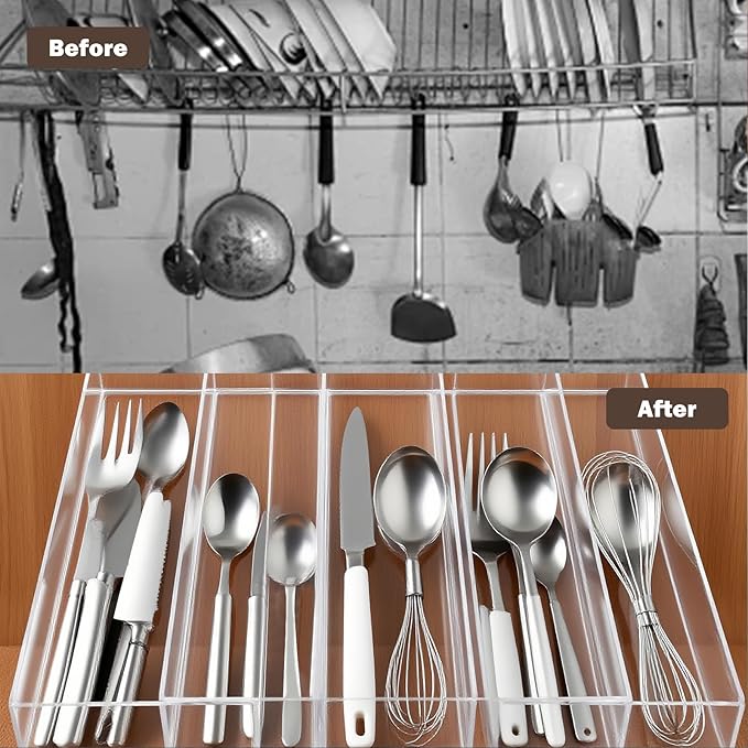 Acrylic Drawer Organizer for Cooking Utensils - Expandable Kitchen Storage for Large Utensils, Adjustable Drawer Dividers (Clear)