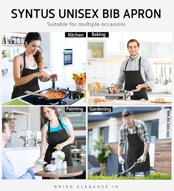 Syntus 12 Pack Bib Apron, Unisex Aprons Adjustable 100% Cotton with 2 Pockets Cooking Kitchen Aprons for Women Men Chef, BBQ Drawing Apron Bulk, Black