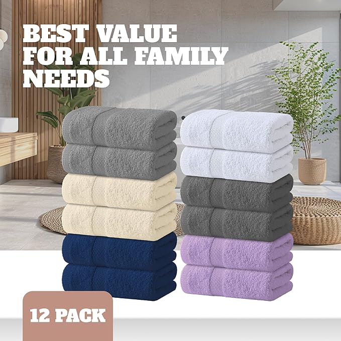 White Classic Wealuxe Cotton Hand Towels - Soft and Lightweight - 16x27 Inch - 12 Pack - Multi