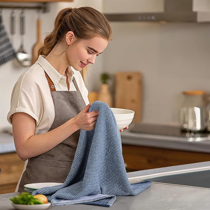 Mordimy Premium Kitchen Towels 8 Pack (18 x 28 Inches, Navy Blue), Large Cotton Kitchen Hand Towel, Flat & Terry Dish Towels for Drying Dishes, Super Absorbent Tea Dishtowels Set with Hanging Loop