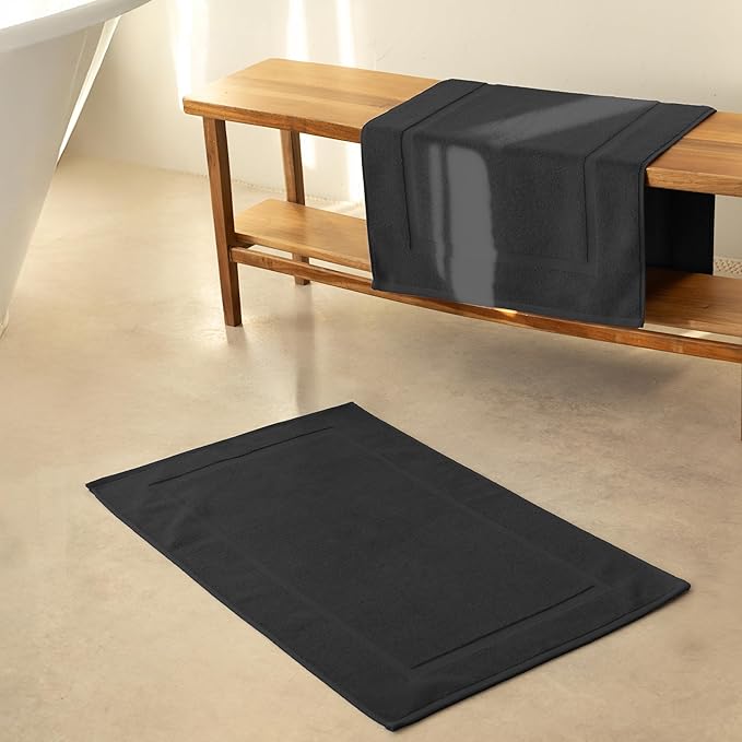 SALBAKOS 100% Turkish Cotton Bath Mat Towel Set of 2 Piece Black | 20x34 in Large Bath Mats | Luxury Hotel Quality, Thick, Absorbent, Quick Dry Bathmats for Bathroom & Toilet (Black, 2 Bath Mats)