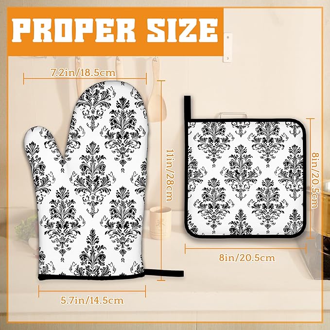 Vintage Damask Floral Oven Mitts and Pot Holders,Heat Resistant Oven Mitts Gloves and Pot Holder for Home Kitchen Decorations Cooking Baking BBQ Gifts,Set of 4