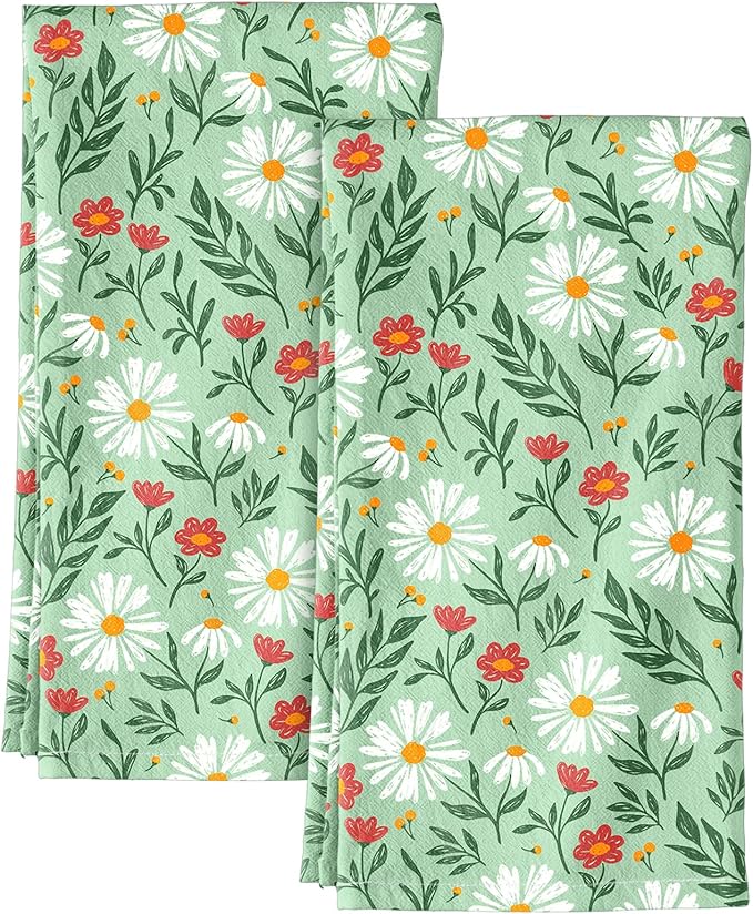 Miss Adola Flour Sack Kitchen Towels - Set of 2 Cotton Dish Towels with Hanging Loop Decorative 18x26 Inch Absorbent Cute Design for Housewarming Gifts, Green Daisy
